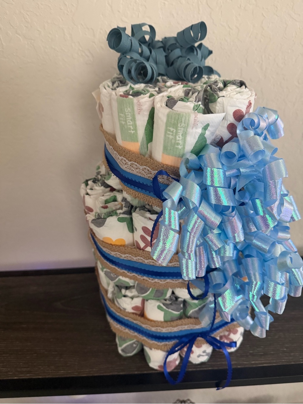 Handmade Diaper Cake with Blue Ribbon Accents